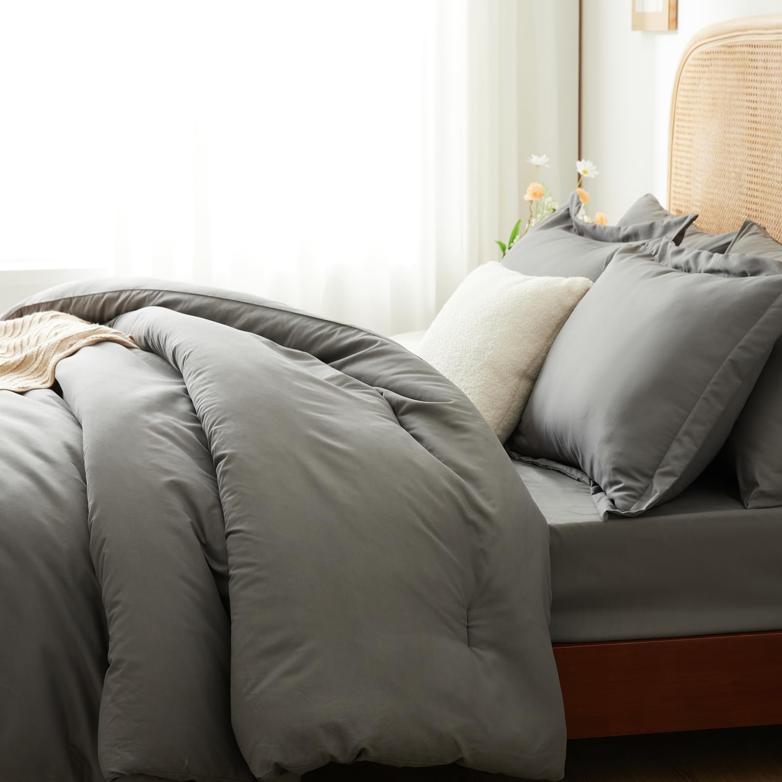 Queen Comforter Set -Dark Grey Bed in a Bag,7 Pieces Comforter Sets