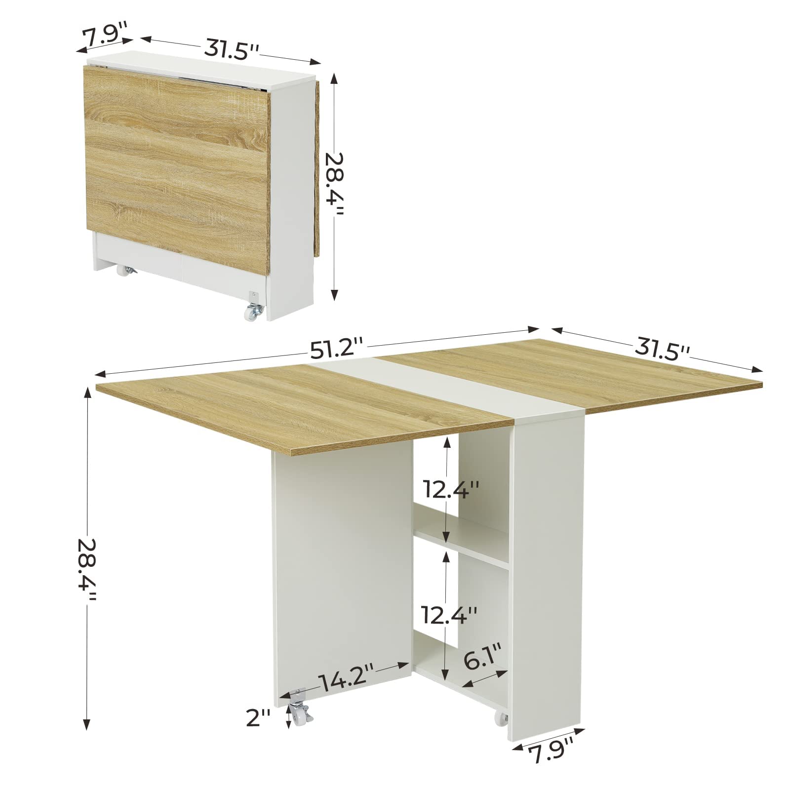 Folding Dining Table, Versatile Dinner Table with 6 Wheels and 2 Storage Racks,