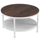 31.5" Rustic Oak White Wood Round Farmhouse Coffee Table, 2-Tier Storage Wood Center