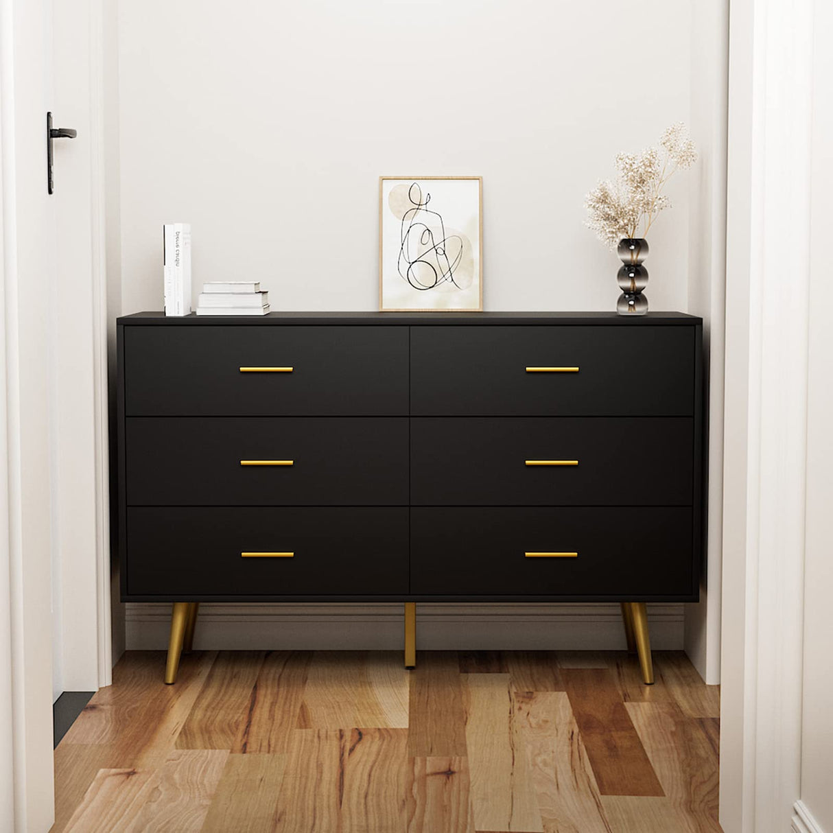 Black 6 Drawer Dresser for Bedroom, Wooden Black Double Dresser with Gold Handles