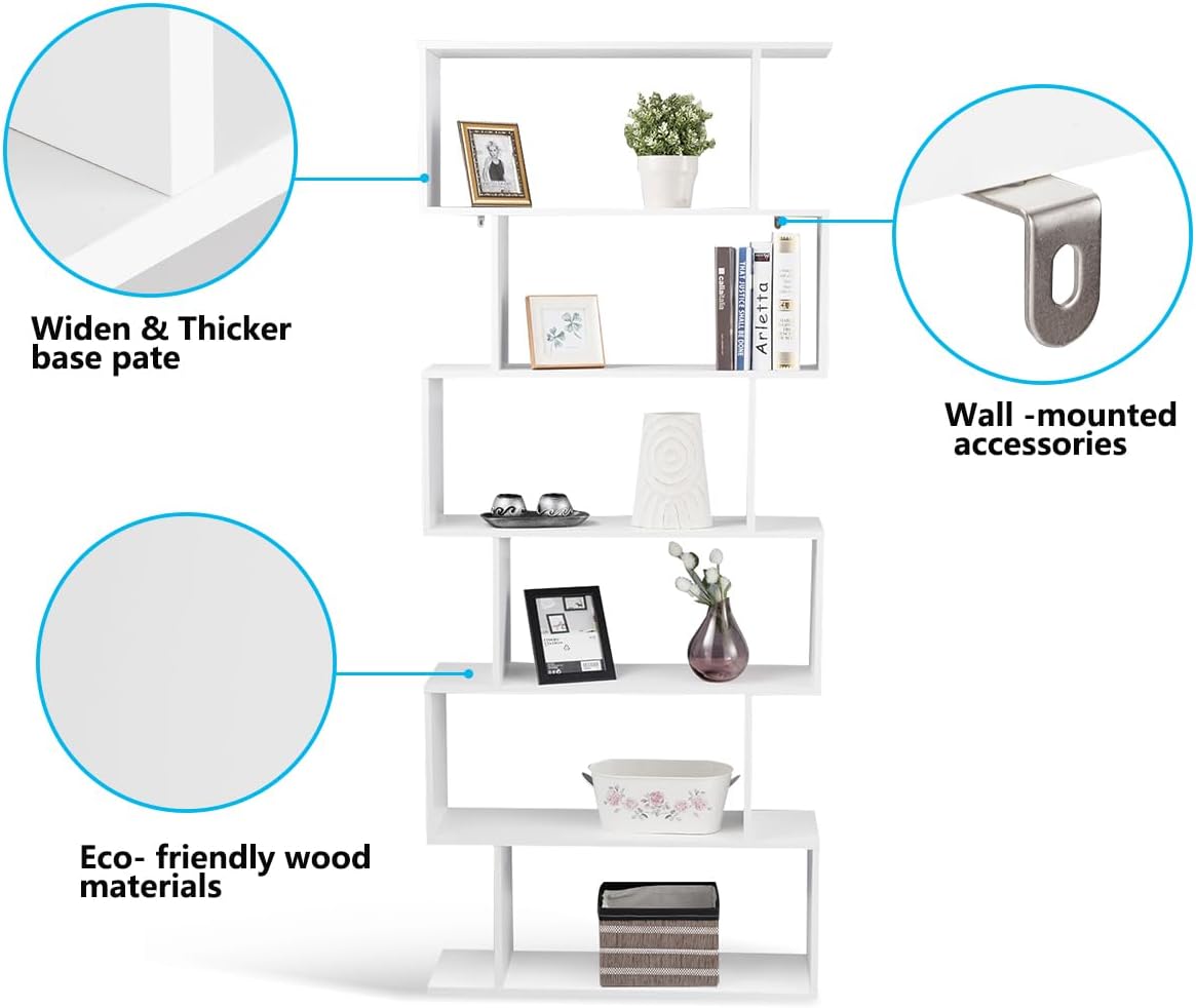 Tangkula 6-Tier Geometric Bookcase, Modern S-Shaped Storage Display Bookshelf for Living Room, Anti-Toppling Device, Home Office Wooden 6 Shelf Open Bookcase (2, White)