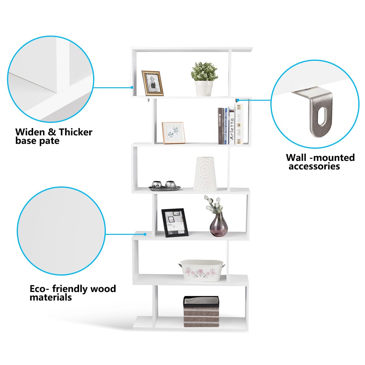 Tangkula 6-Tier Geometric Bookcase, Modern S-Shaped Storage Display Bookshelf for Living Room, Anti-Toppling Device, Home Office Wooden 6 Shelf Open Bookcase (1, White)