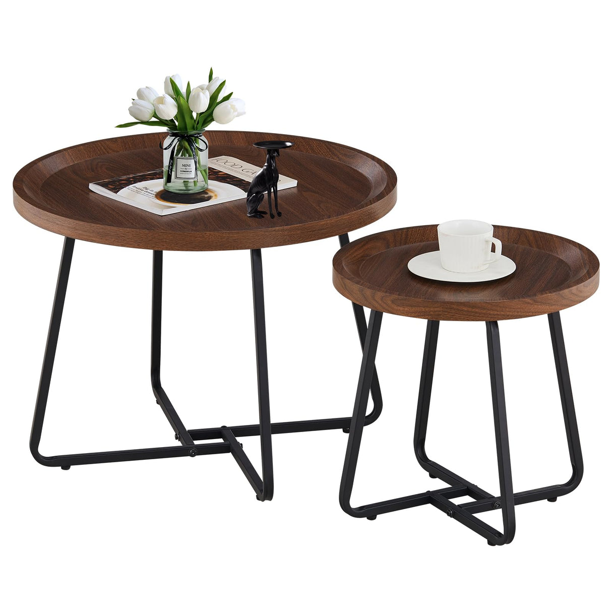 Round Coffee Table Set of 2, Nesting Walnut Coffee Table with Metal Legs