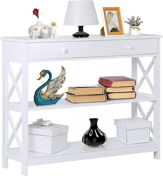 Wood Console Table 3 Tier Sofa Table with Drawer and Storage Shelves Narrow Entryway