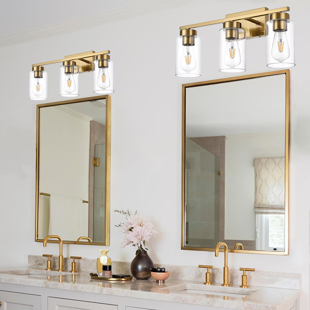 3-Light Bathroom Vanity Light, Modern Brushed Gold Wall Lights with Clear Glass Shades