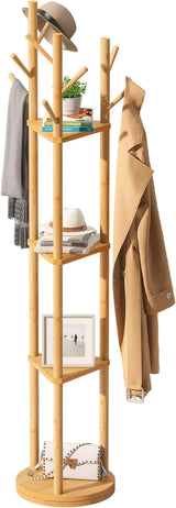 Bamboo Coat Rack Rotary Freestanding with Shelf Coat Tree Rack Stand