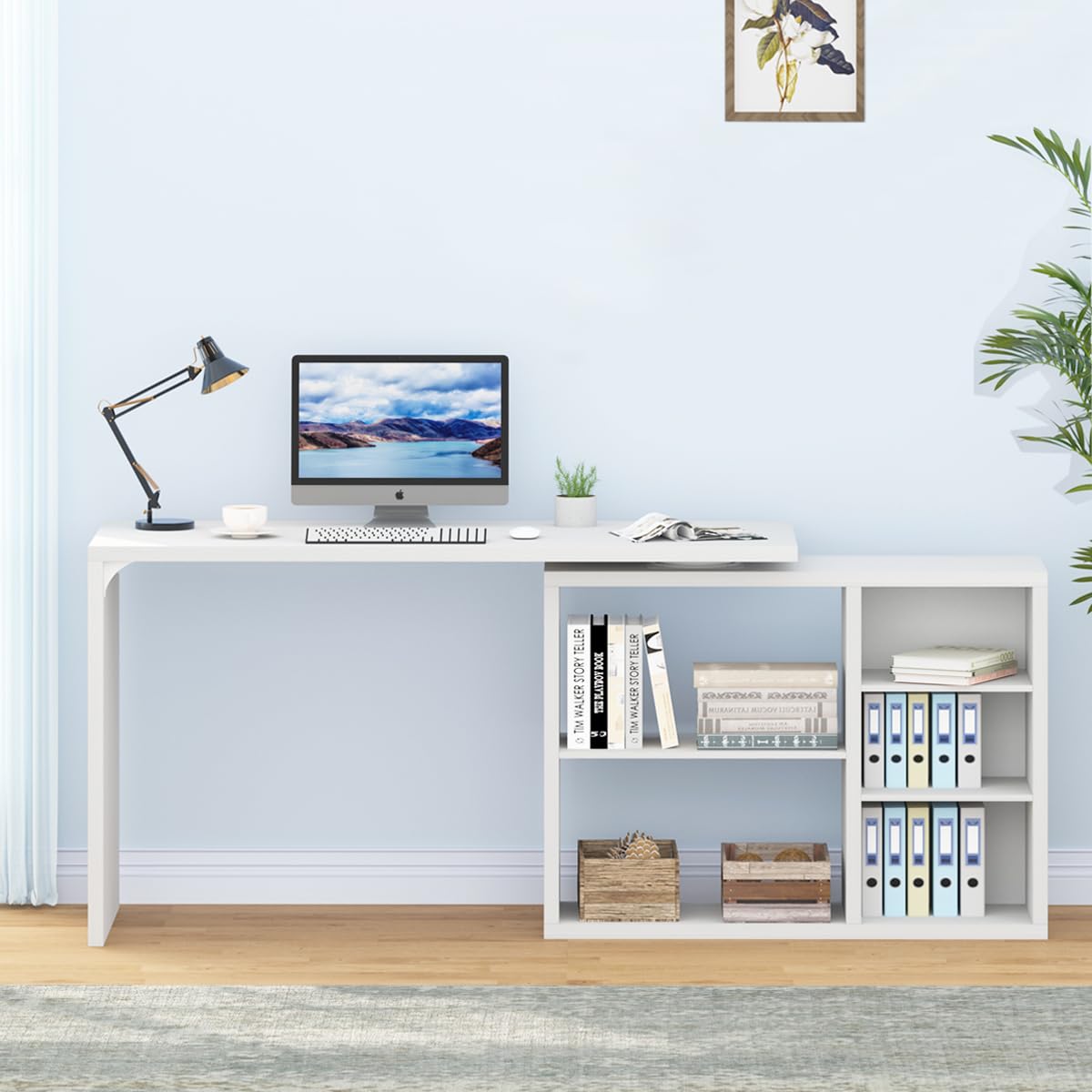 White L Shaped Desk with Shelf, Reversible Modern Home Office Desk Workstation