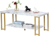 2-Tier White Marble Coffee Table, Rectangular Faux Marble Coffee Table with Storage Shelf, Sturdy Gold-