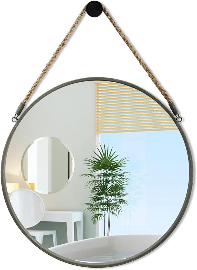 Round Hanging Mirror, Circle Wall Mirror with Rope, Farmhouse Mirror
