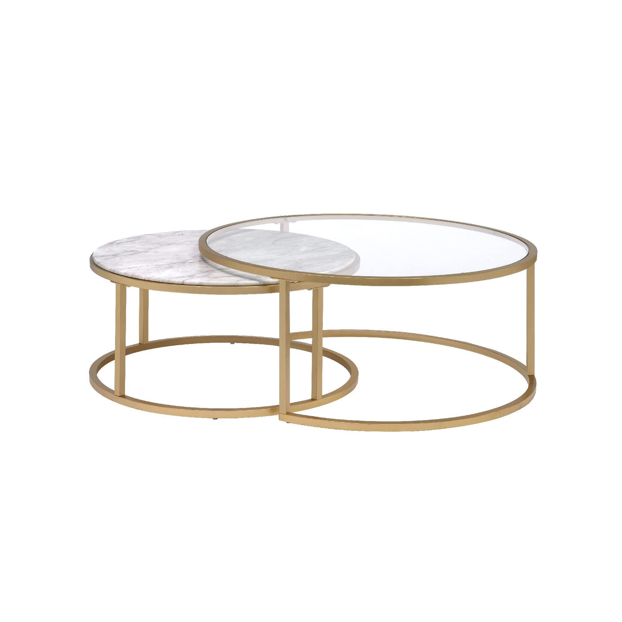 Gold Metal Coffee Tables With Marble Tops, Set Of Two