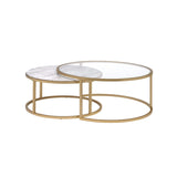 Gold Metal Coffee Tables With Marble Tops, Set Of Two