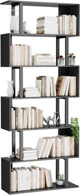 6 Tier Geometric Bookcase,S Shaped Bookshelf, Wood Decorative Storage Shelving, Modern Freestanding Display Shelves, Tall Book Shelf Unit for Living Room Bedroom, White