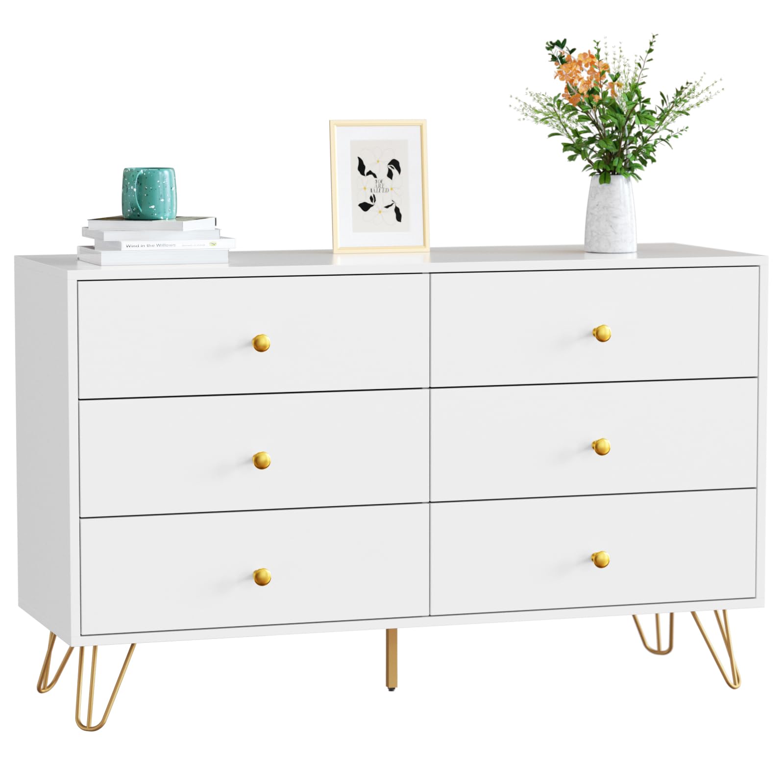 White Dresser for Bedroom, 6 Drawer Dresser with Wide Drawers and Gold Metal Handles