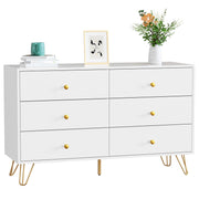 White Dresser for Bedroom, 6 Drawer Dresser with Wide Drawers and Gold Metal Handles