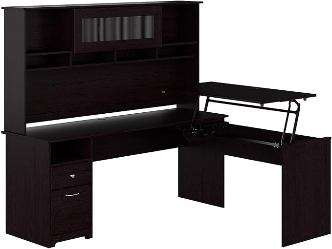 Cabot 72W 3 Position L Shaped Sit to Stand Desk with Hutch in Espresso Oak