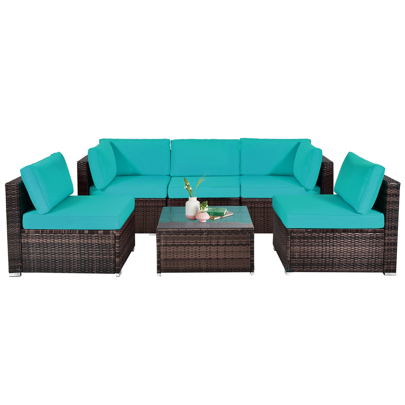 6 Pieces Outdoor Patio Furniture Set, PE Rattan Conversation Set