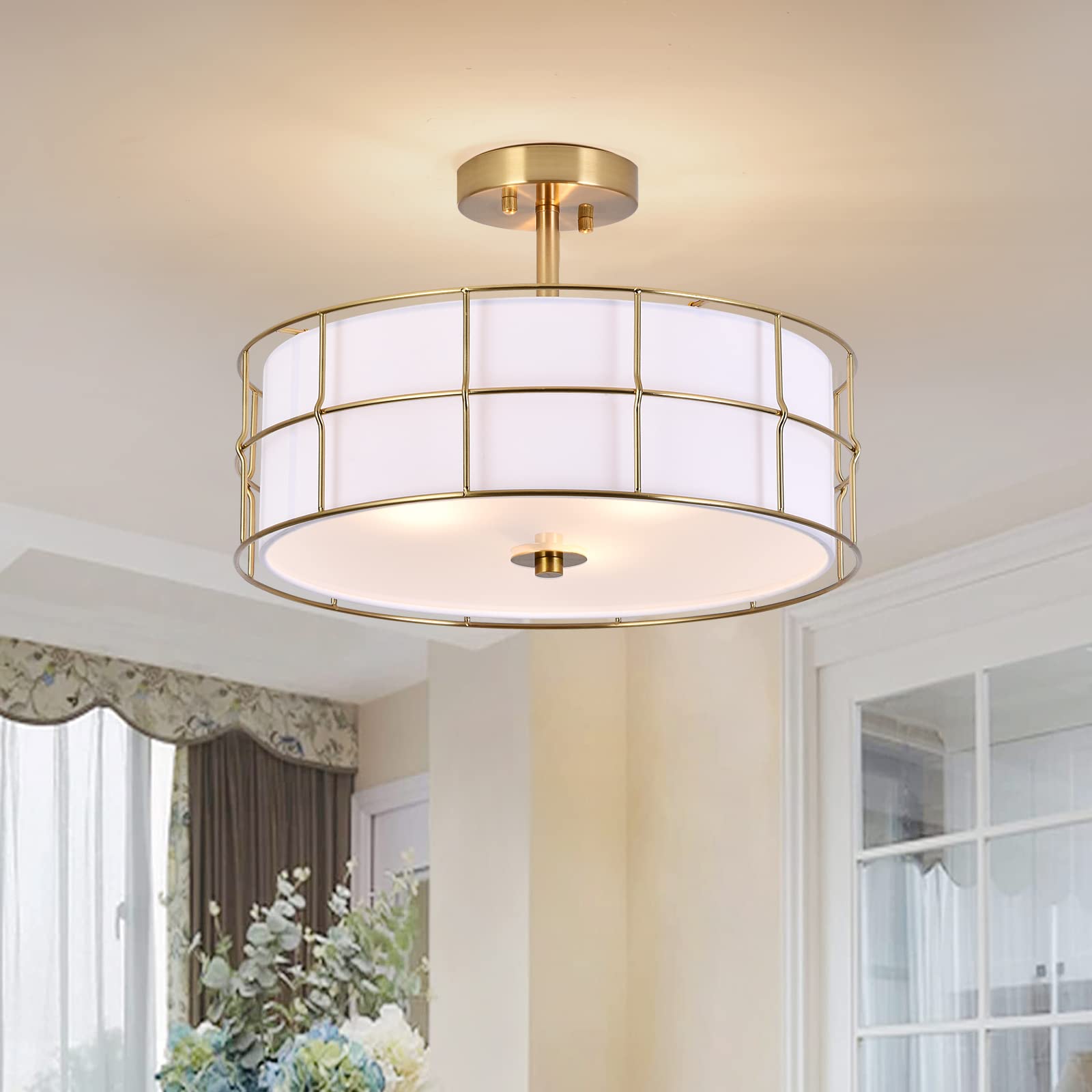 16" Semi Flush Mount Ceiling Light Fixture, 3-Light Golden Metal Mesh Drum Ceiling Light