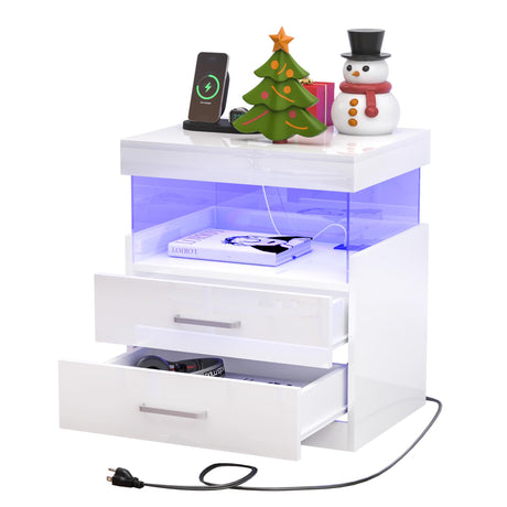 high Glossy LED Nightstand, White Night Stand with Charging Station and LED Lights,