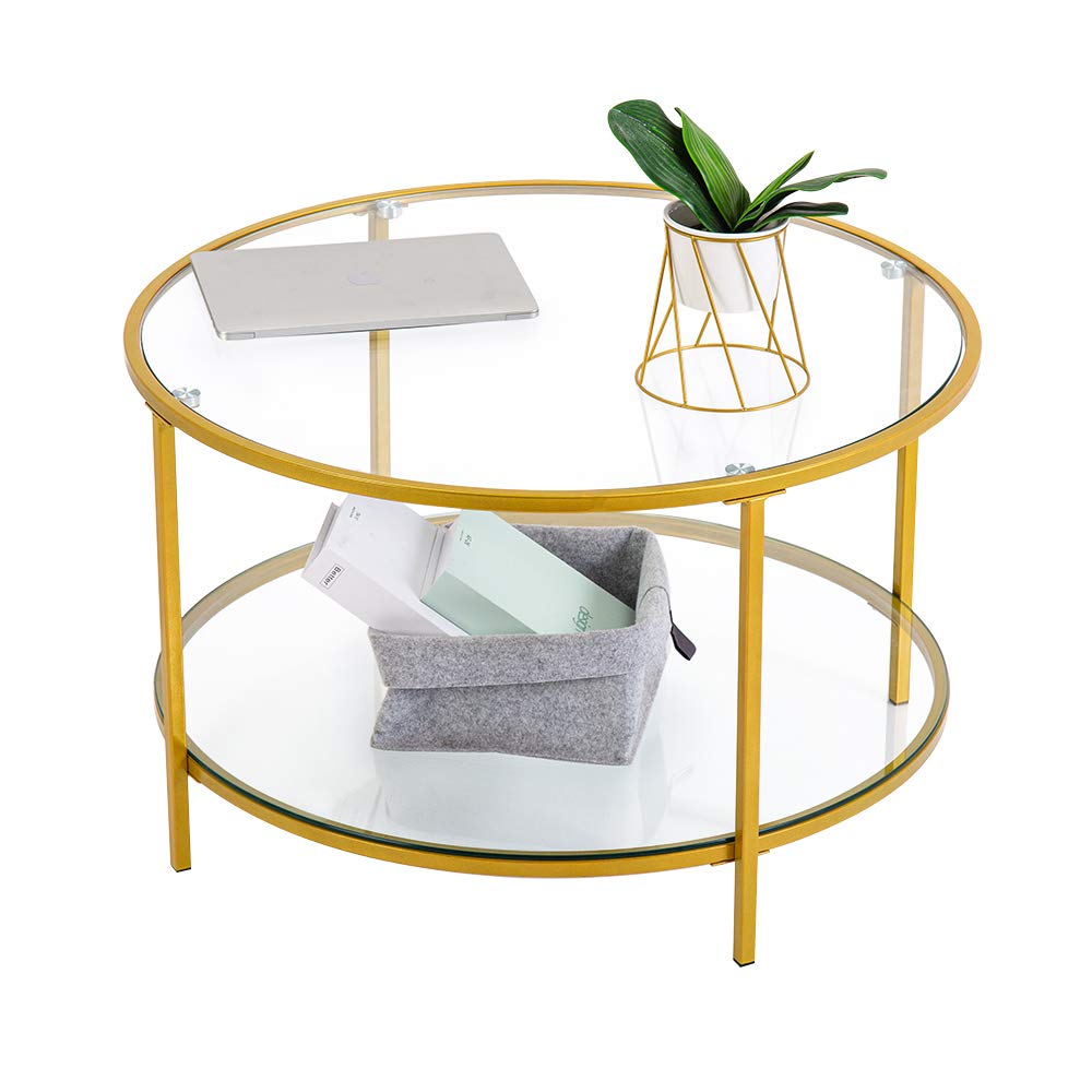 31.5" Round Coffee Table with Open Storage Shelf,2-Tier Temperred Glass Round Accent