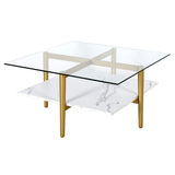 32" Wide Square Coffee Table with Faux Marble Shelf in Brass