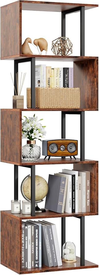 6-Tier Bookshelf, Tall S-Shaped Geometric Bookcase, Industrial Freestanding Display Shelf