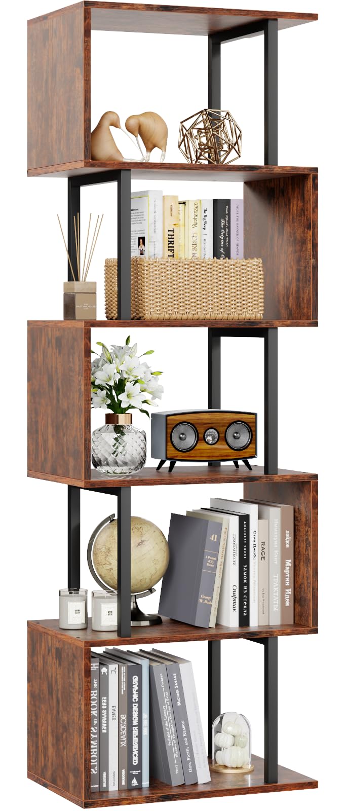 6-Tier Bookshelf, Tall S-Shaped Geometric Bookcase, Industrial Freestanding Display Shelf