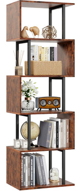 6-Tier Bookshelf, Tall S-Shaped Geometric Bookcase, Industrial Freestanding Display Shelf