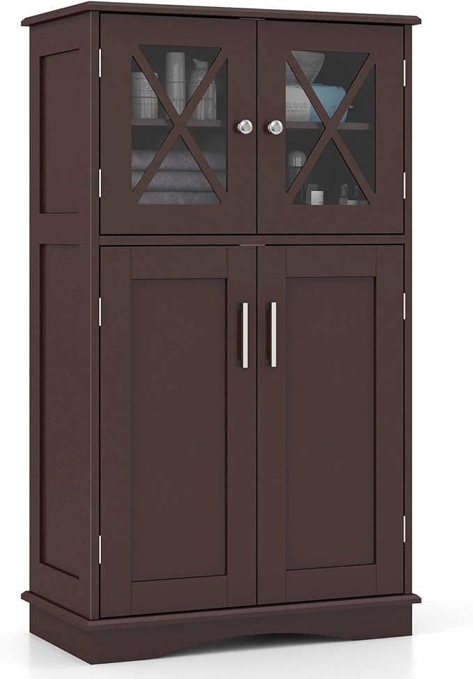 Bathroom Floor Storage Cabinet - Linen Floor Cabinet with Doors and Adjustable Shelves