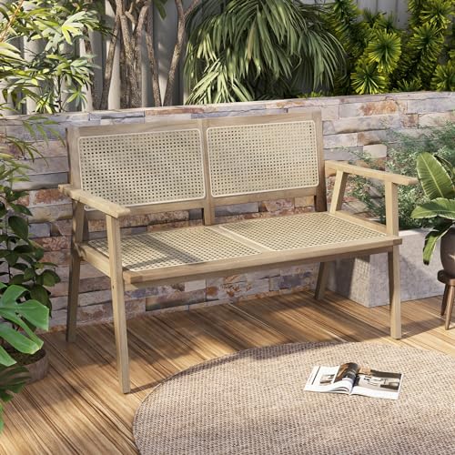 Outdoor Teak Wood Garden Bench, 2-Person Patio Bench with Armrests
