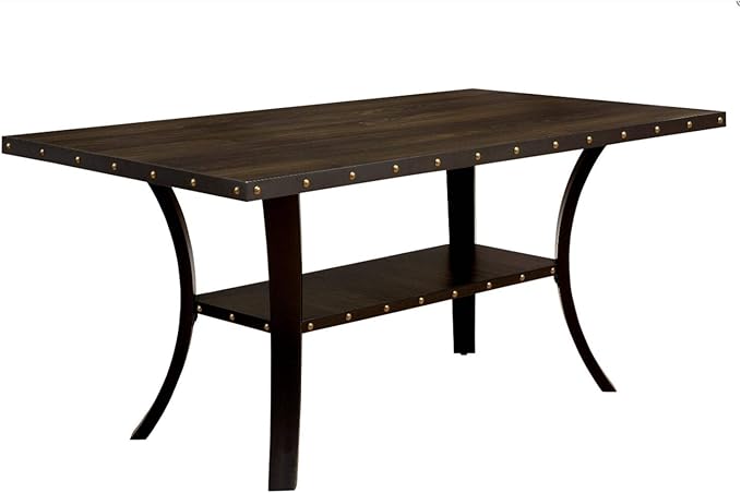 Benjara Transitional Wooden Dining Table with Nailhead Trim and Open Shelf,