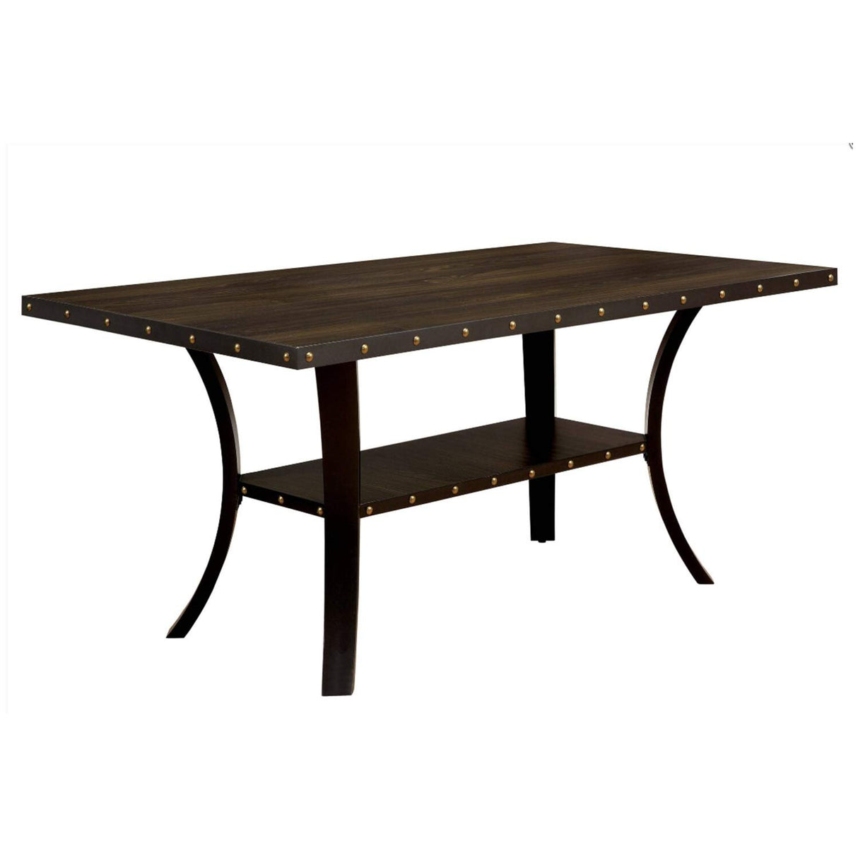 Benjara Transitional Wooden Dining Table with Nailhead Trim and Open Shelf,