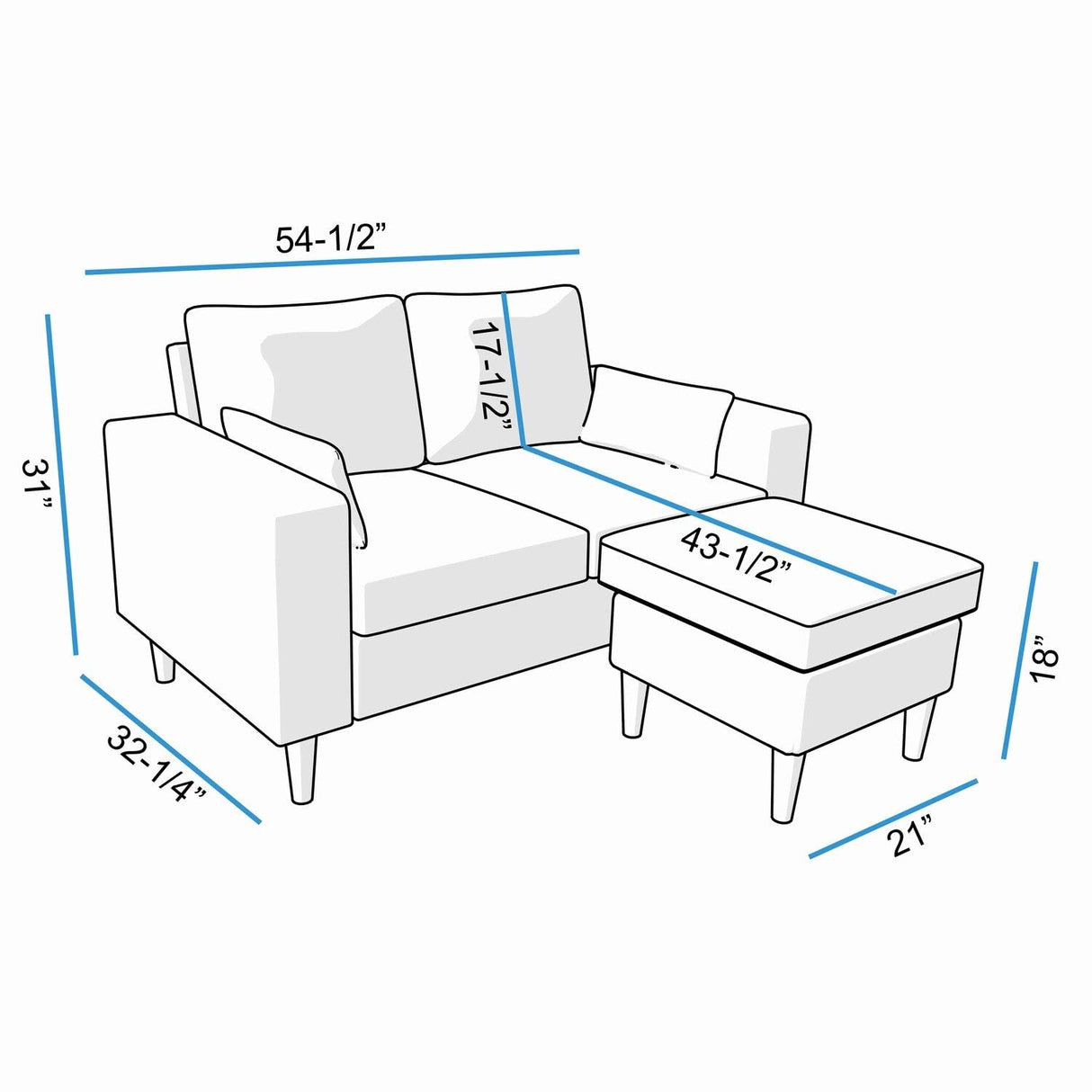 Loveseat 2 Seat Sofa Couch with Ottoman Footstool, Small Corner L Shaped Sofa for Living Room Office,Tool-Free Assembly in Gray