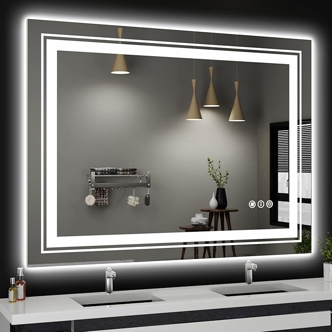 LED Bathroom Mirror, 48"X36" with Front and Backlit, Anti-Fog, Large Bathroom Vanity Mirror for Wall,