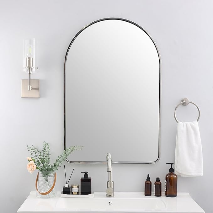 Brushed Nickel Arched Mirror, 24x36’’ Arched Bathroom Mirror, Arch Wall Mirror