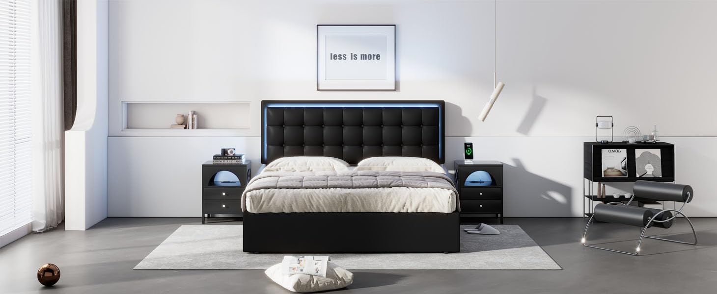 Queen Bed with Storage, LED Lights,Modern Tufted Upholstered Platform Bed