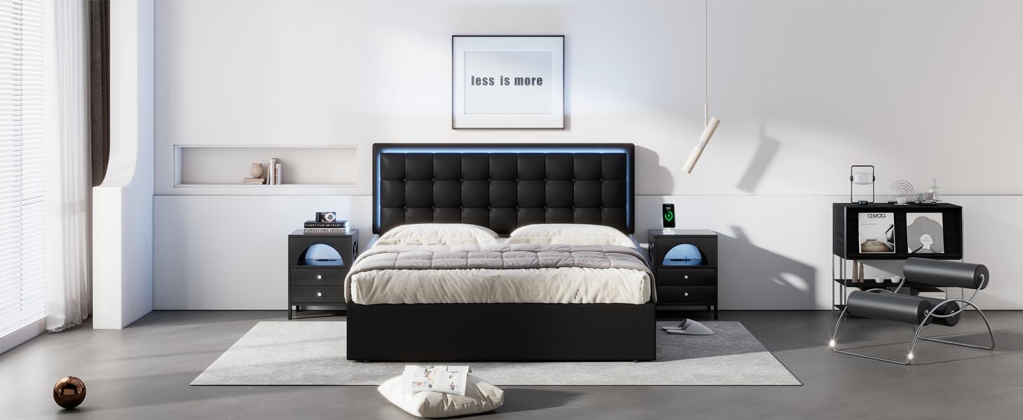 Queen Bed with Storage, LED Lights,Modern Tufted Upholstered Platform Bed