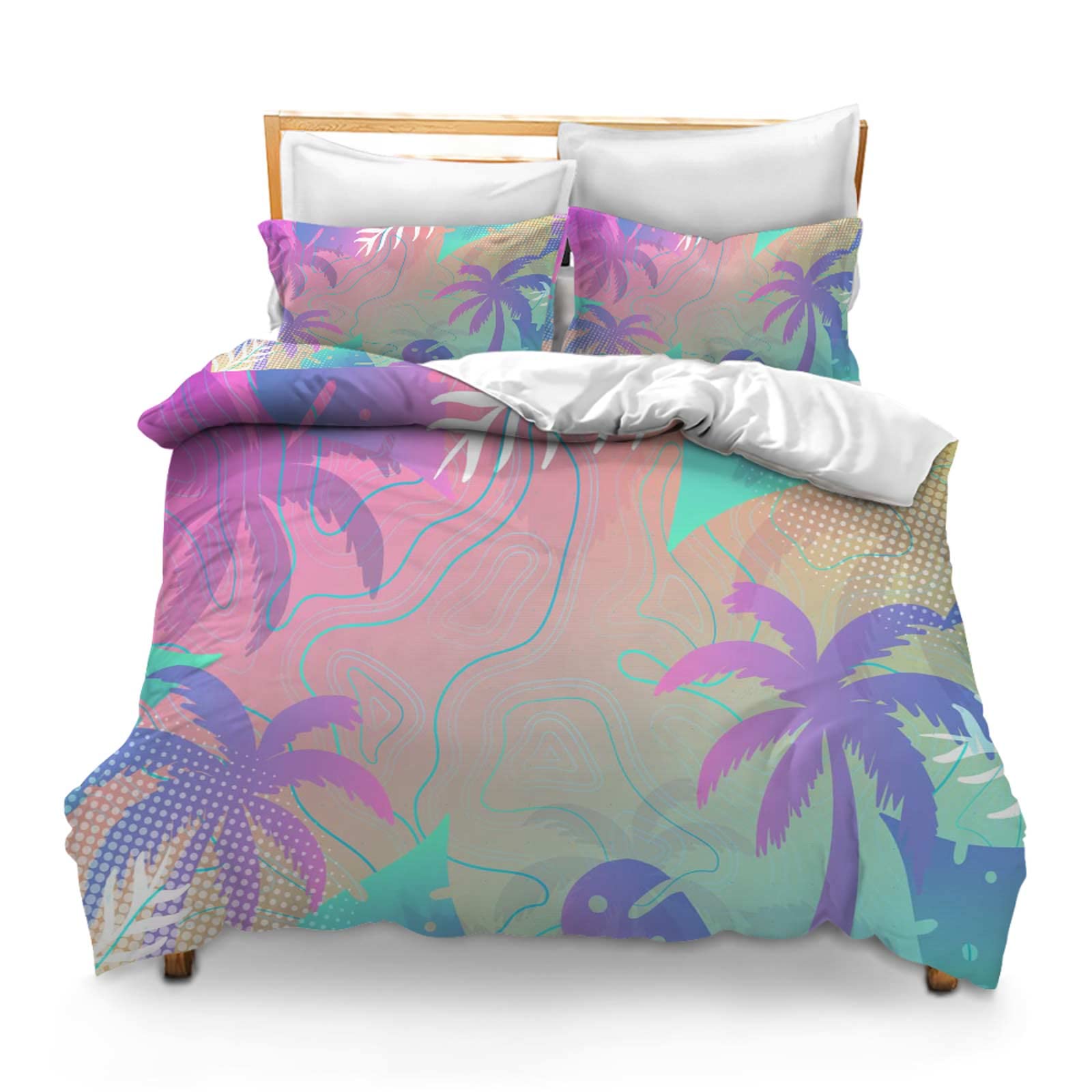 Comforter Set for Boys Kids King Size Palm Tree Leaves Plant Tropical Wreath Invitation Label Tree Background