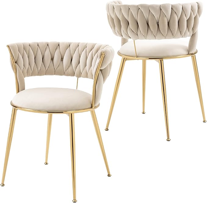 Modern Velvet Dining Chairs Set of 2, Upholstered Living Room Chair with Woven Back and Golden Metal Legs