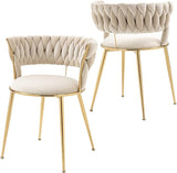 Modern Velvet Dining Chairs Set of 2, Upholstered Living Room Chair with Woven Back and Golden Metal Legs