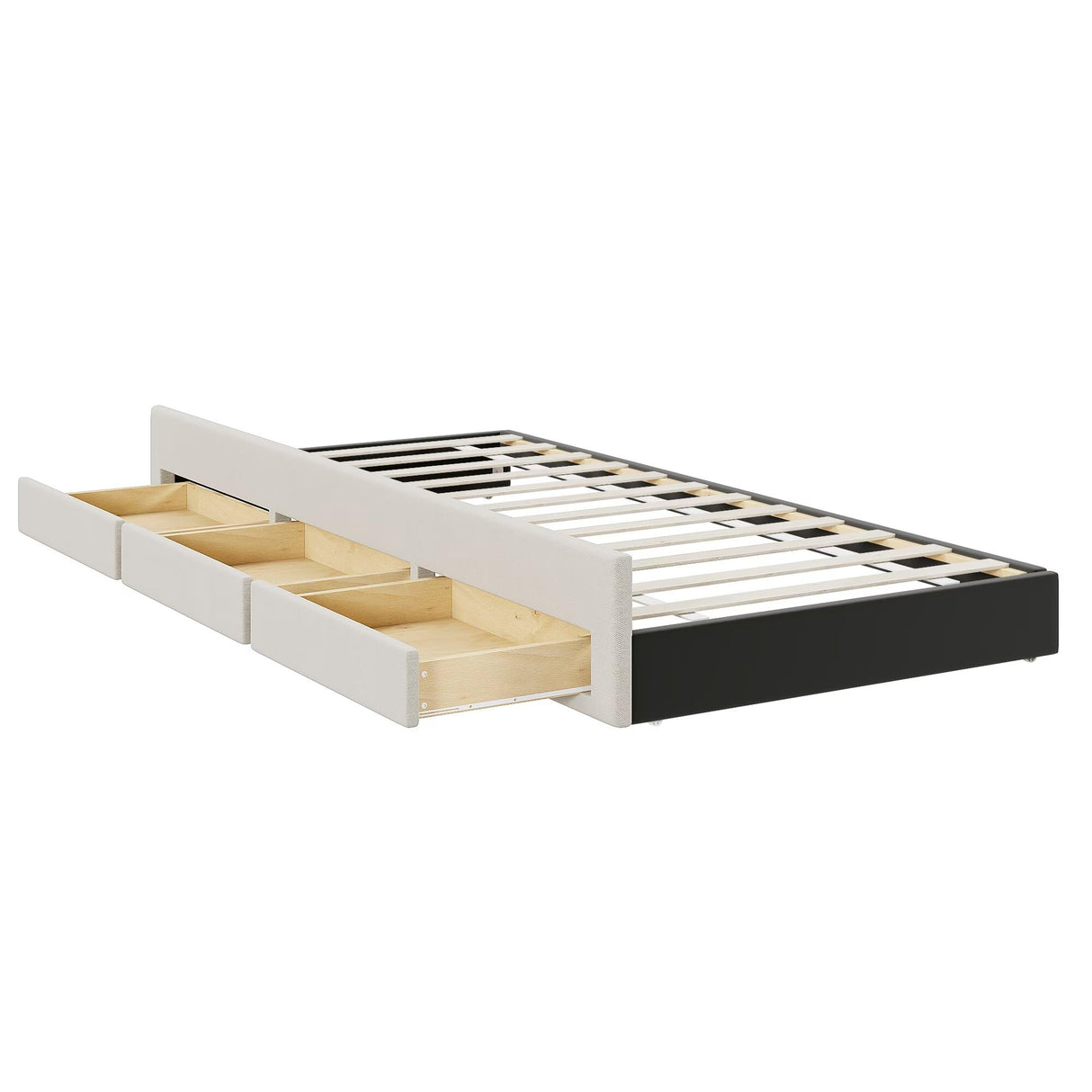 Upholstered Platform Bed with Twin Size Trundle and 3 Drawers, Linen Fabric, Beige