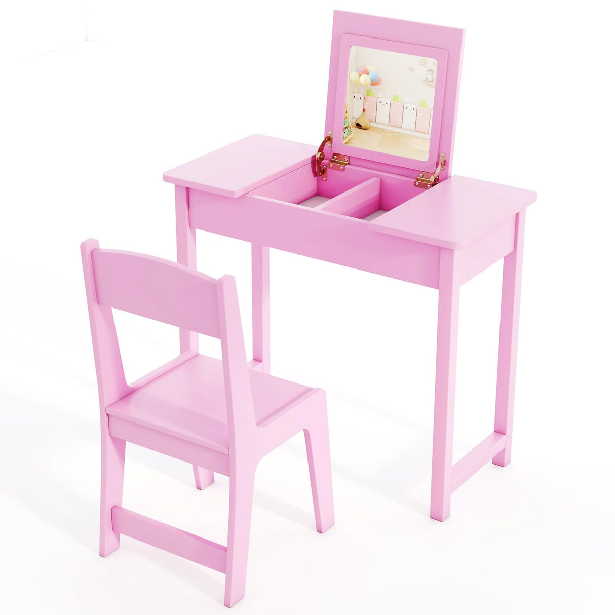 Kids Vanity, Wooden Girls Vanity Desk with Flip Top Mirror, Hidden Storage Space