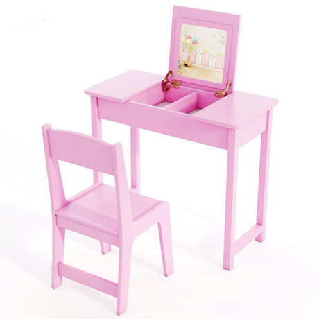 Kids Vanity, Wooden Girls Vanity Desk with Flip Top Mirror, Hidden Storage Space