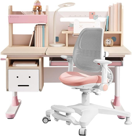 Chair Set, Ergonomic Wood Adjustable Kids Study Desk with Bookshelf, Tiltable Desktop,