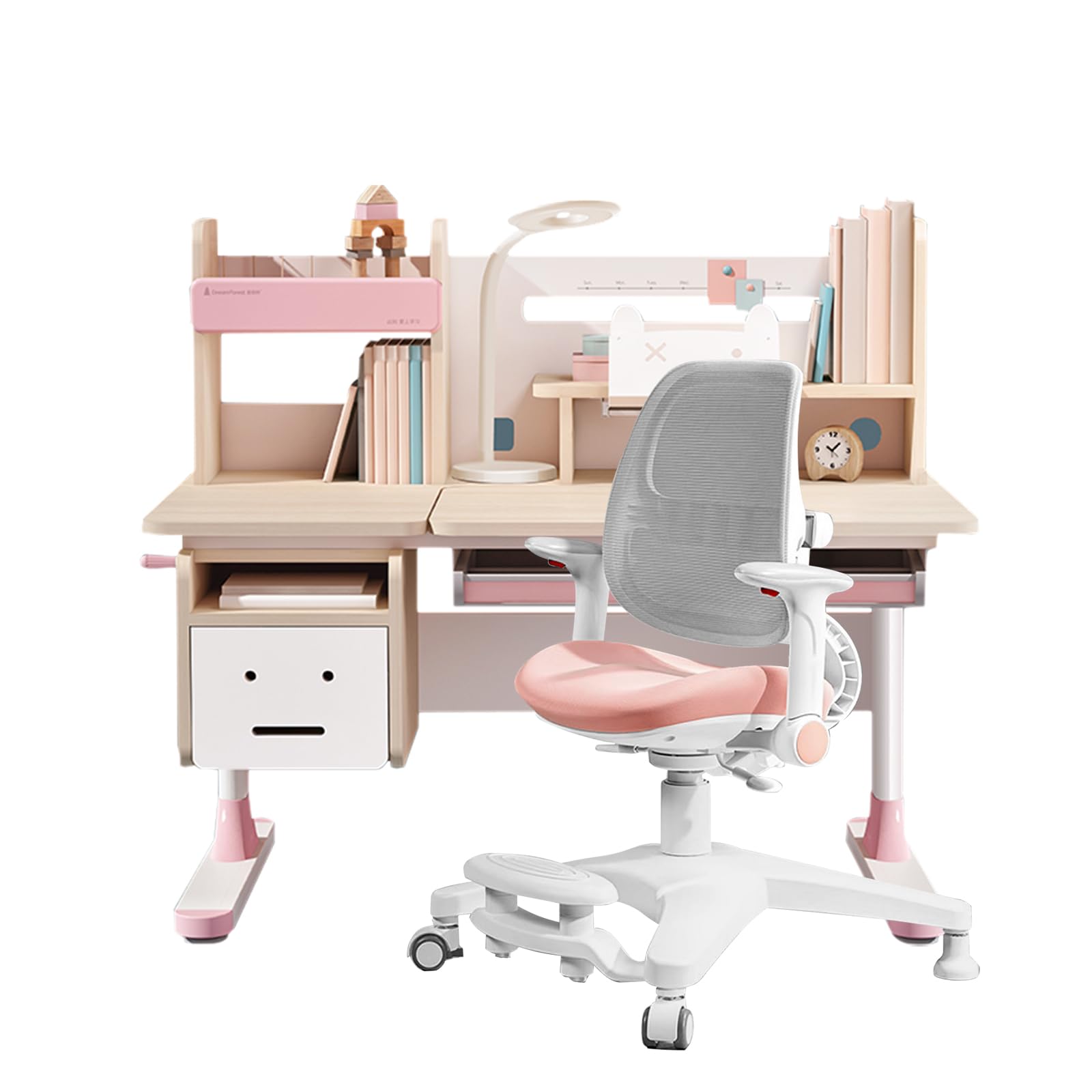 Chair Set, Ergonomic Wood Adjustable Kids Study Desk with Bookshelf, Tiltable Desktop,