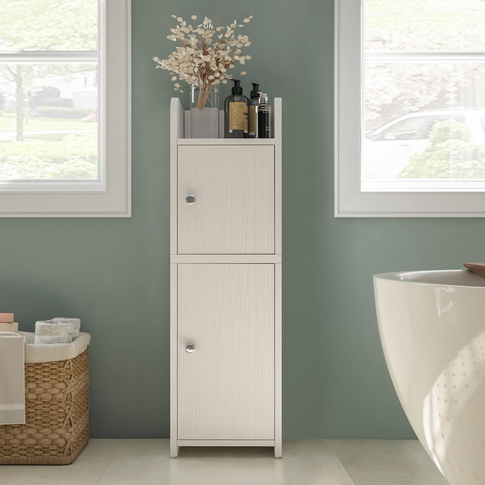 Small Bathroom Storage Cabinet, Narrow Cabinet with Doors and Adjustable Shelves,