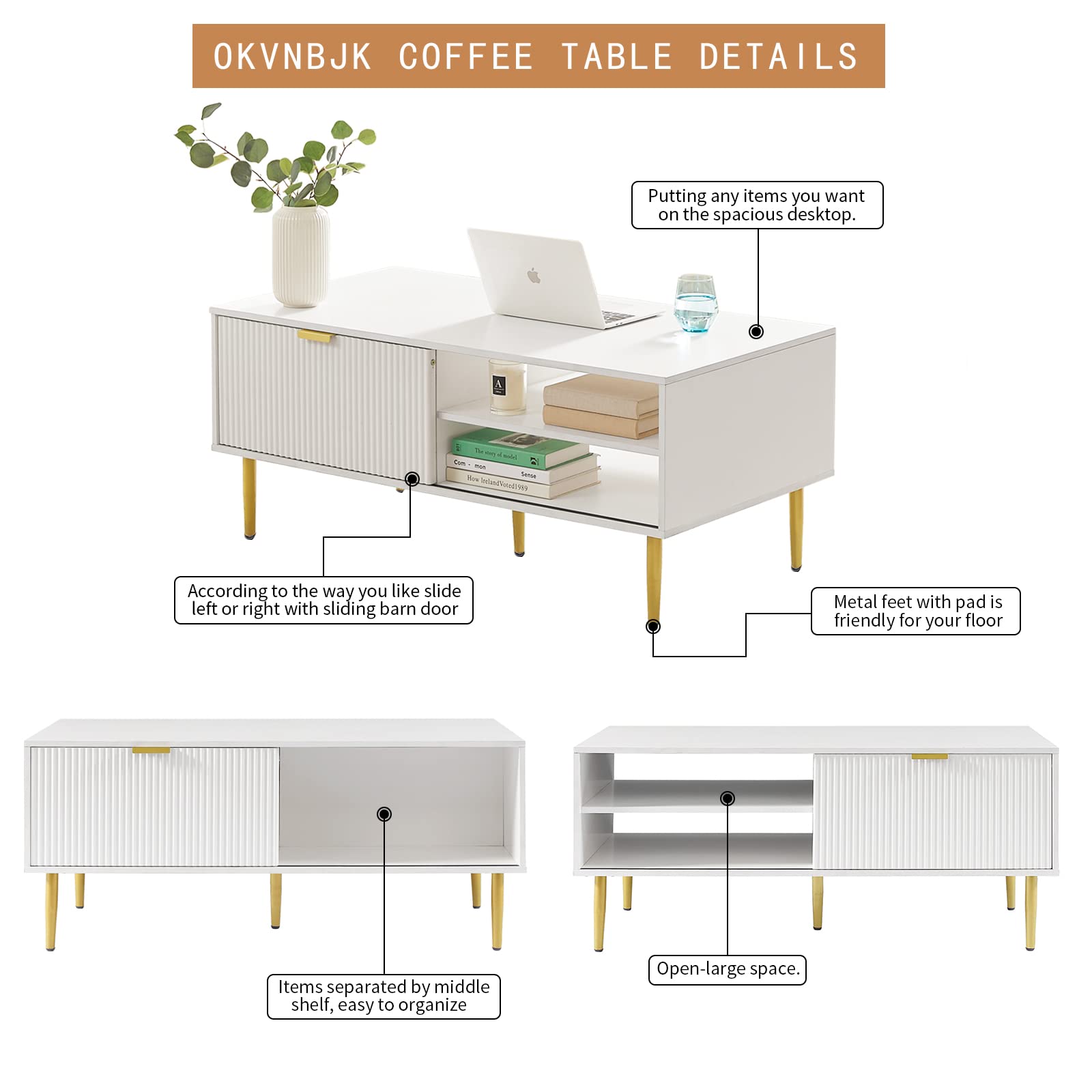 White Coffee Table, 48" Modern Center Table for Living Room