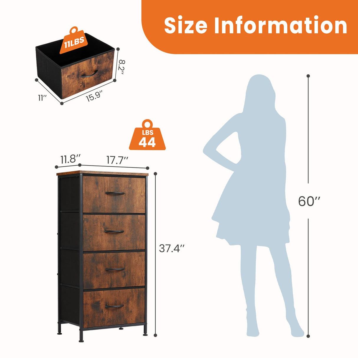 Dresser for Bedroom, Storage Drawers, Skinny Fabric Storage Tower with 4 Drawers,