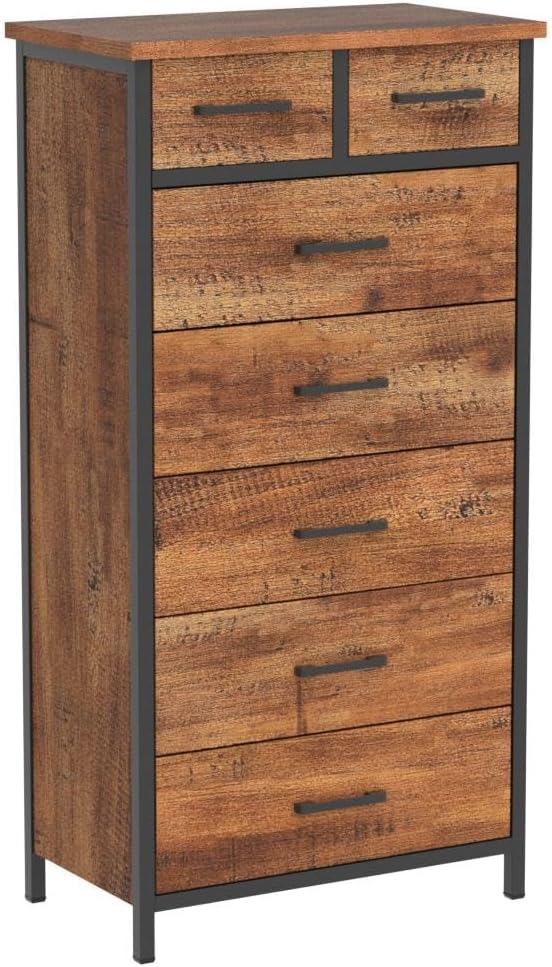 7 Drawer Tall Dresser, Industrial Wood Storage Clothes Organizer