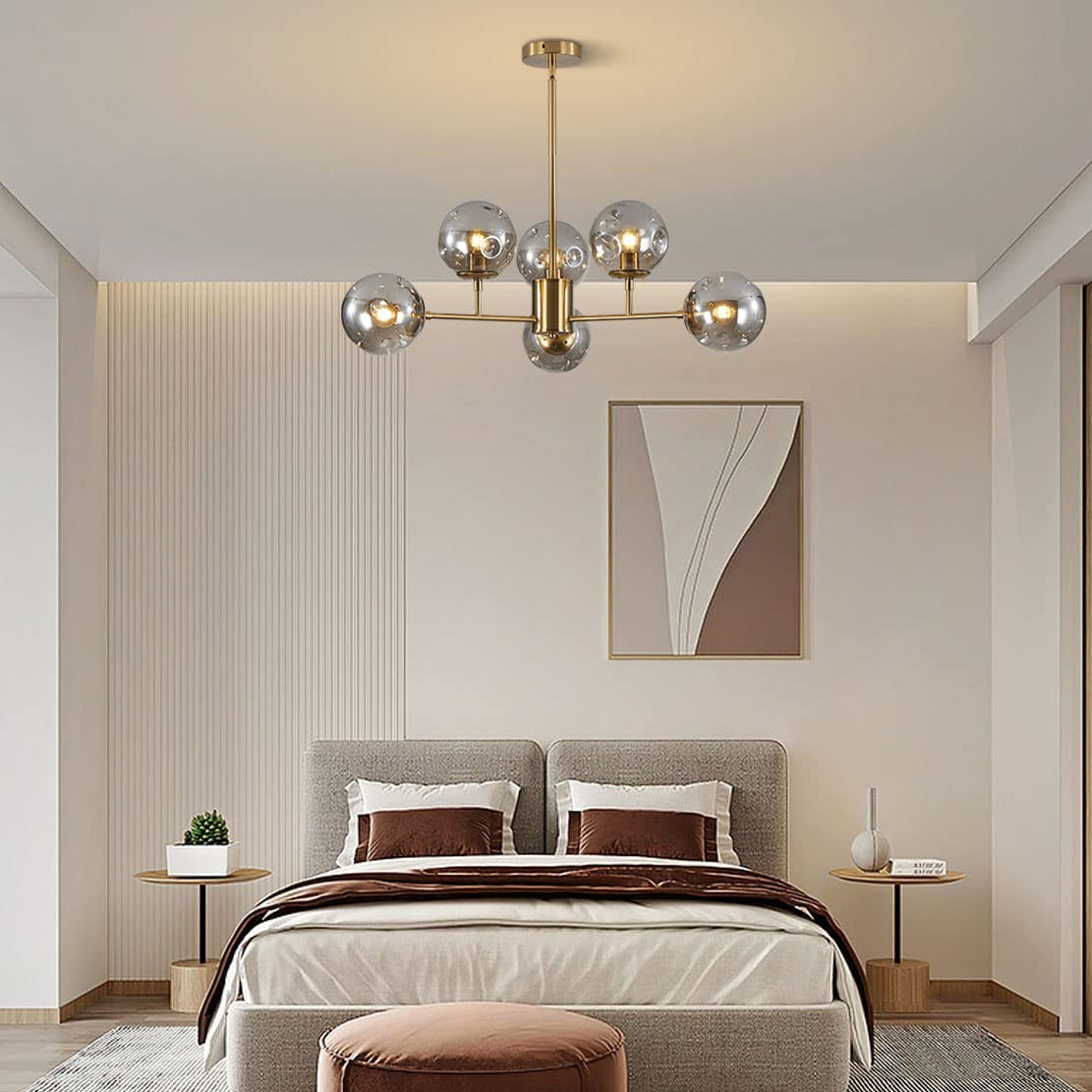 Century Modern 6-Lights Pendant Light Fixture Brushed Brass Globe