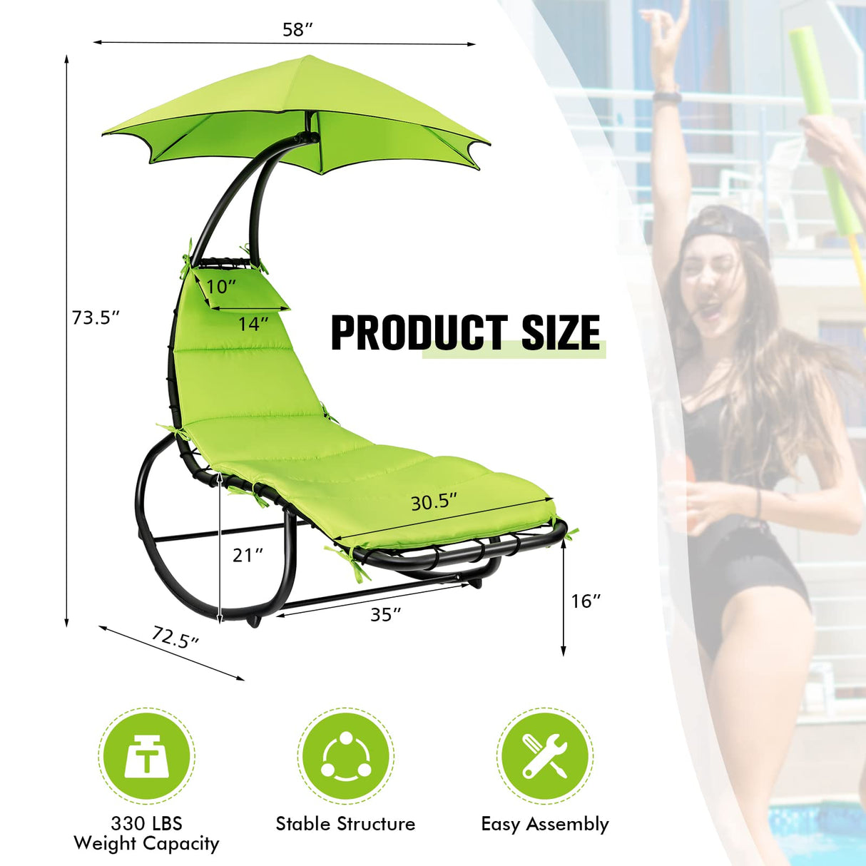 Hammock Chair Swing Lounger, Outdoor Hanging Chair with Shade Canopy,